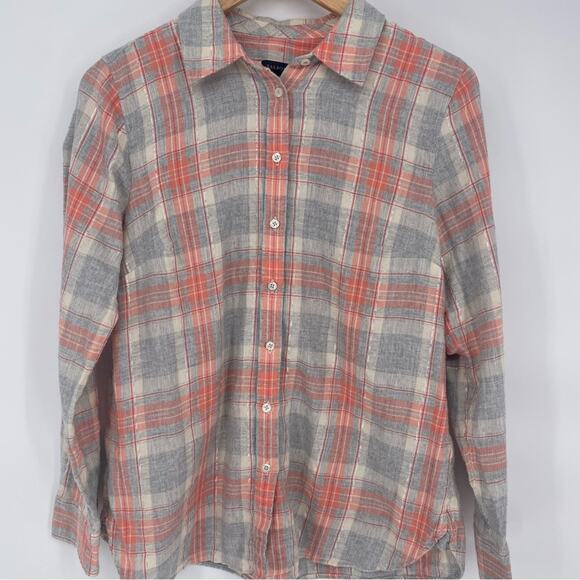 Talbots Top Womans Medium Plaid Flannel Long Sleeve Fall Classic Salomon & Gray - Picture 1 of 7